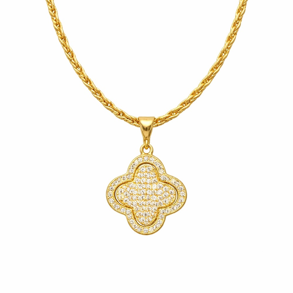 18K Gold Plated Diamond Cut Italian Rope Chain 18” Clover CZ Pendant Necklace